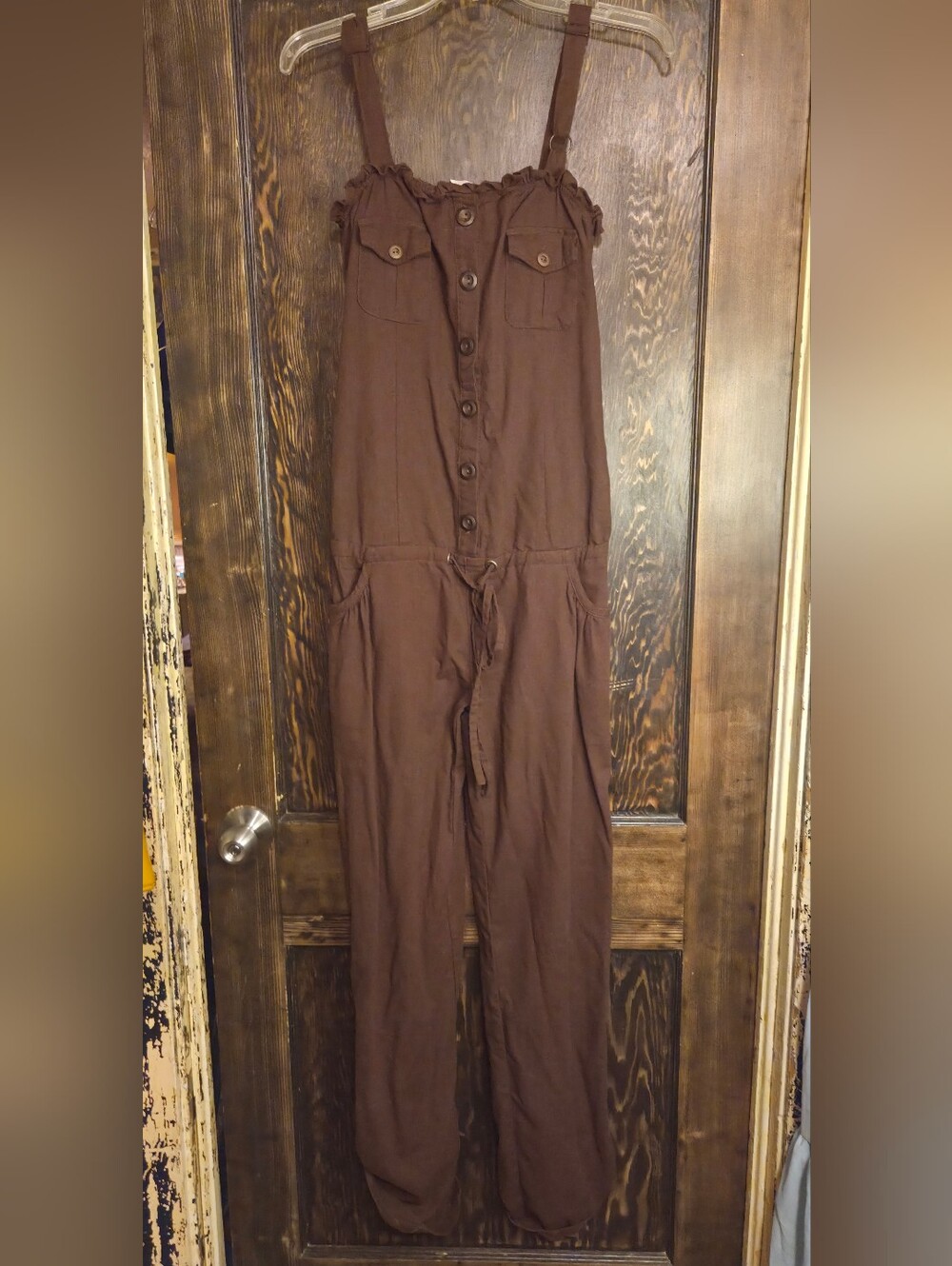Hot & Delicious Brown Button-Front Utility Jumpsuit w/ Drawstring Waist